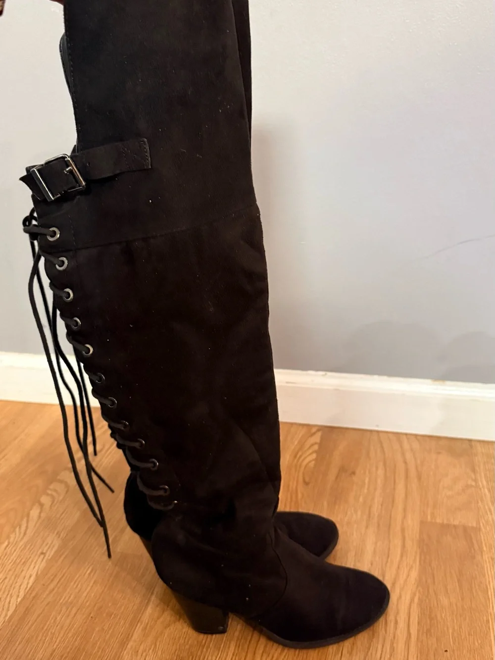 Women's Black Over-the-Knee Lace-Up Buckle Boots